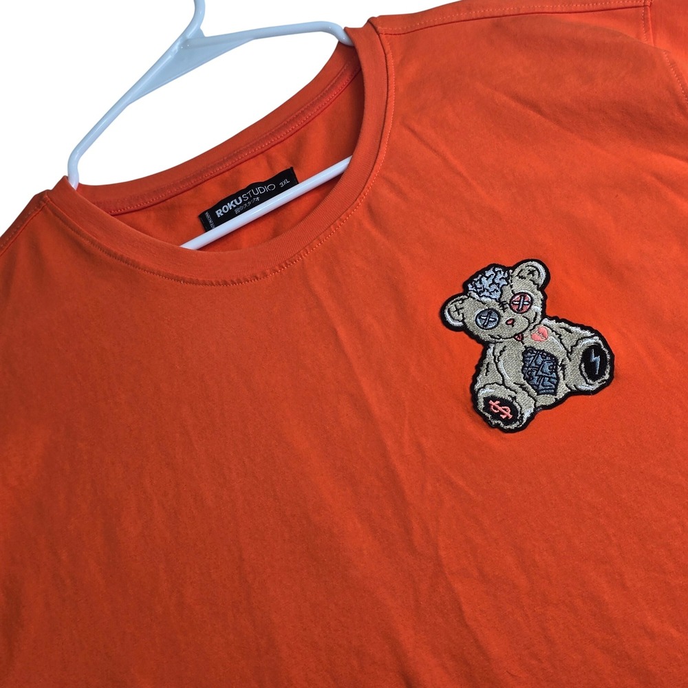 Roku Studio T-Shirt‎ Mens 3XL Orange Embroidered Bear Patch Streetwear Tee
